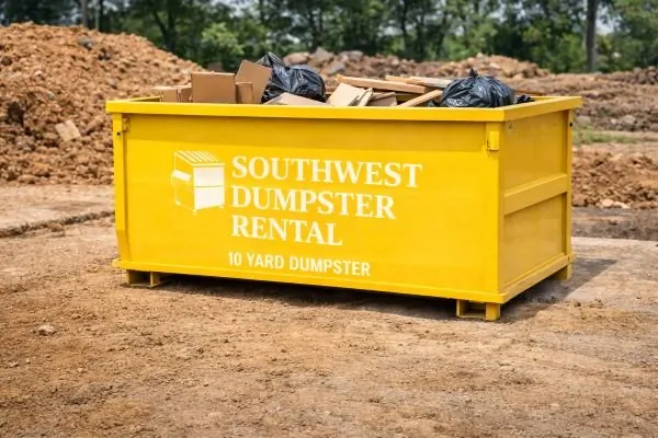 Yellow 10-yard roll-off holding cardboard boxes and black trash bags on a graded dirt lot