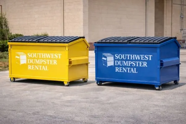 Yellow and blue front-load bins with black lids parked on pavement