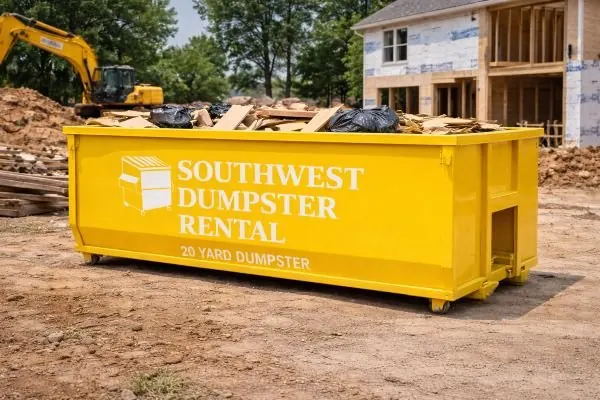 Yellow roll-off loaded with lumber offcuts beside a house under construction