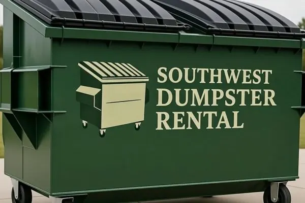 Green front-load dumpster with closed black plastic lids