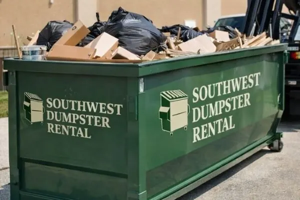 Green roll-off packed with flattened boxes and trash bags, a truck parked behind it