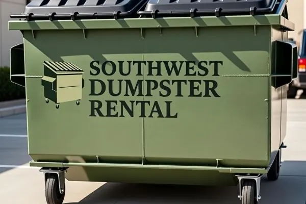 Olive-green front-load dumpster on casters next to a building